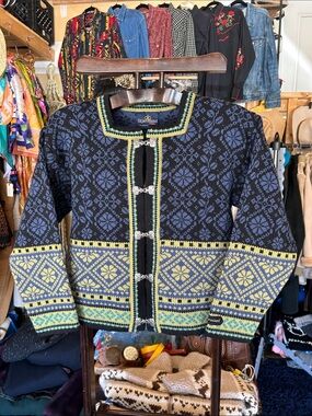 Skogstad Black & Blue Nordic Knit Cardigan with Yellow Accents